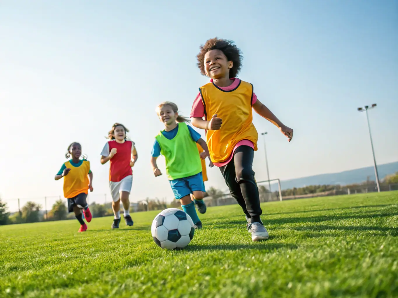 A dynamic image showcasing children playing soccer in a local park, emphasizing teamwork and community spirit.