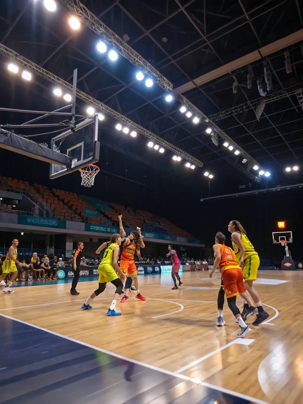 A diverse group of adults participating in a basketball game in an indoor gymnasium, showcasing teamwork and sportsmanship.