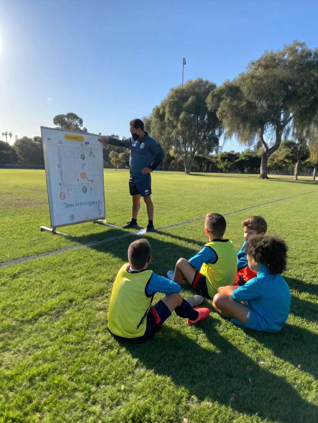 A group of young children participating in a soccer training session, wearing ESS branded jerseys, with a coach guiding them on a sunny field.