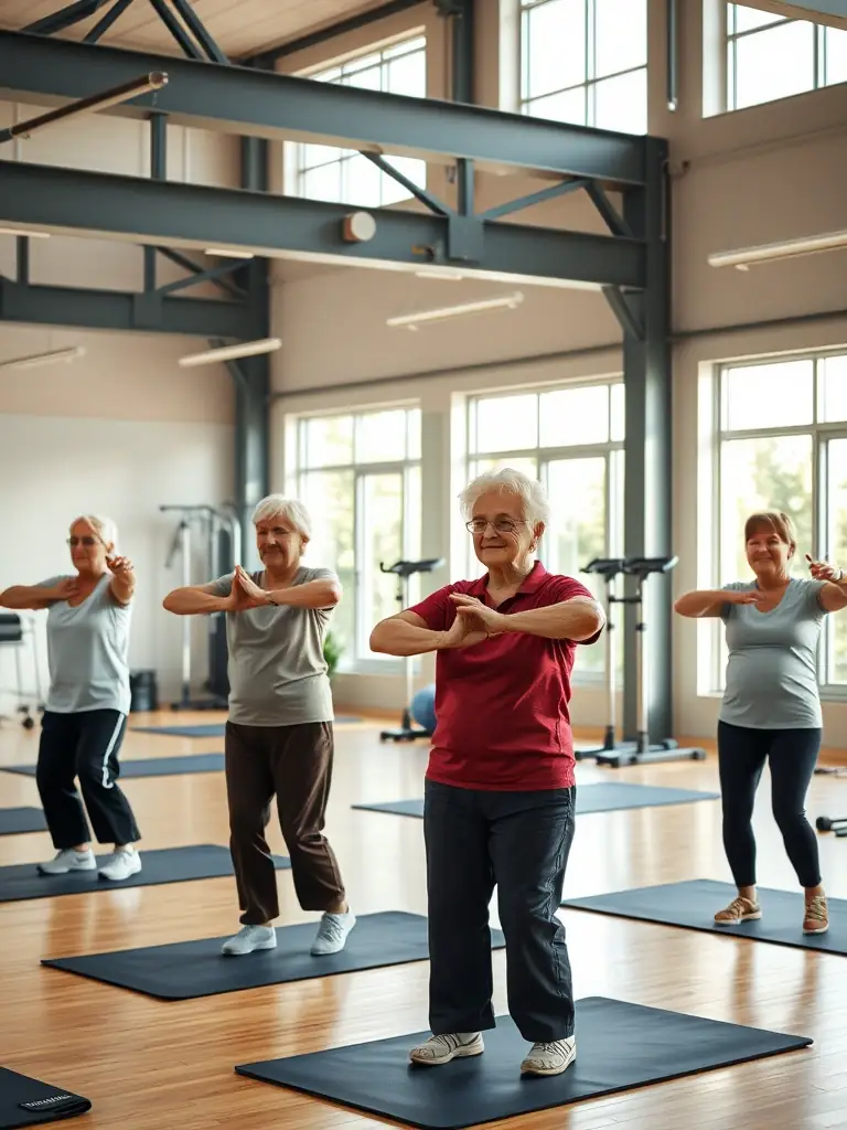 Seniors participating in a gentle exercise class, led by an instructor, in a community center, promoting health and well-being.