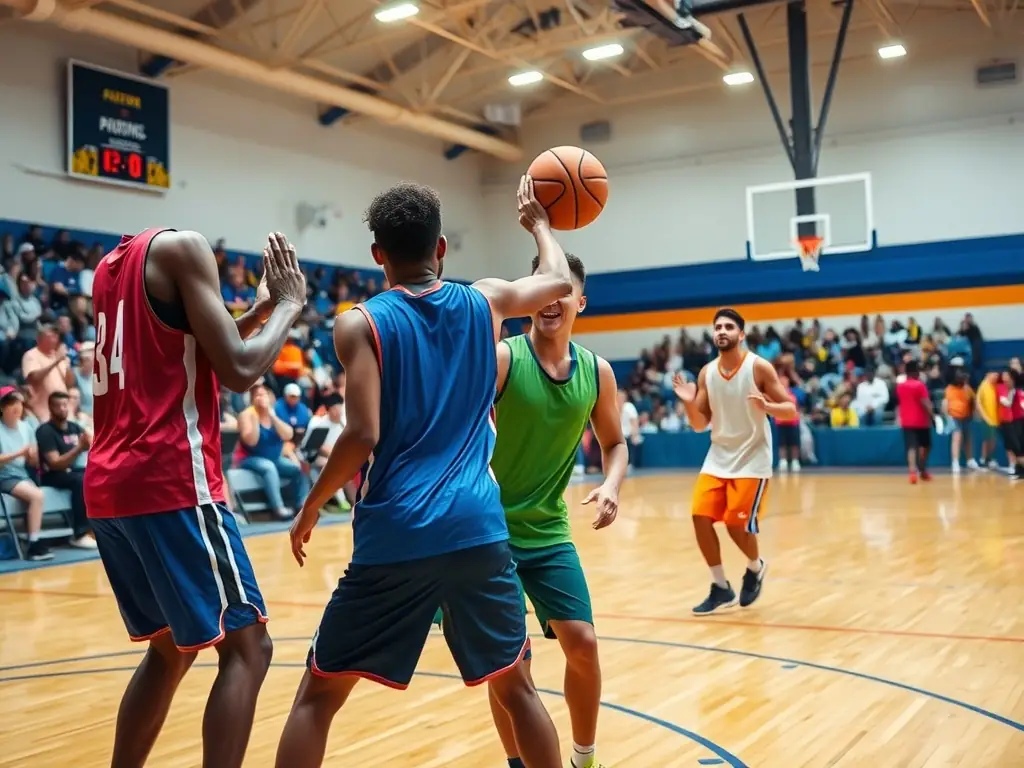 An image of adults participating in a basketball game at a community center, highlighting the adult basketball program offered by ENTENTE SPORTIVE DE SEVRE (ESS). The image should emphasize fitness, competition, and camaraderie.