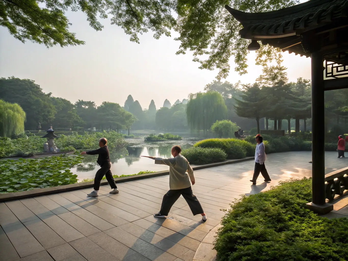 A serene image of seniors practicing Tai Chi in a park, showcasing the senior Tai Chi program offered by ENTENTE SPORTIVE DE SEVRE (ESS). The image should convey relaxation, balance, and well-being.