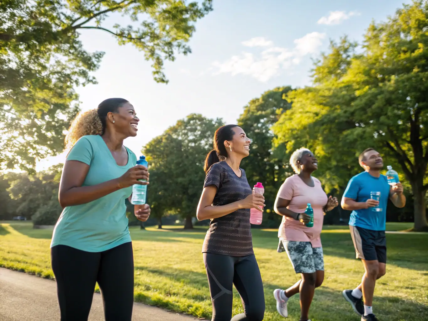 An image of adults participating in a group fitness class outdoors, highlighting the benefits of physical activity and community engagement.