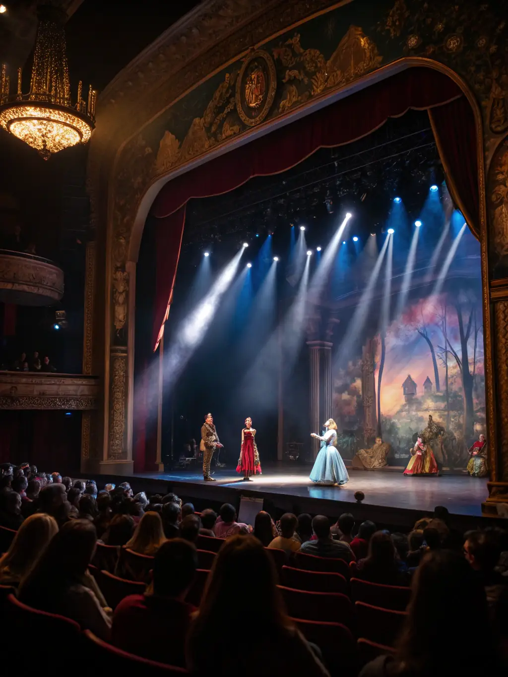 Actors performing on stage during a theatrical production, showcasing vibrant costumes and expressive performances in front of an audience.