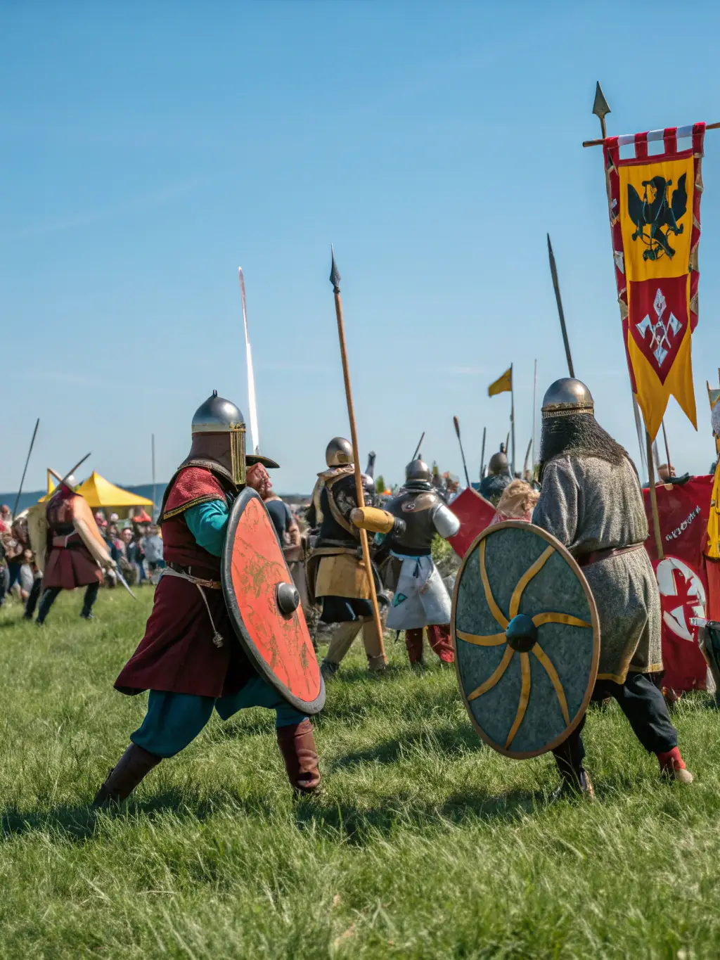 Participants dressed in character at a live-action role-playing event, interacting in a historical or fantasy setting, with props and costumes enhancing the immersive experience.