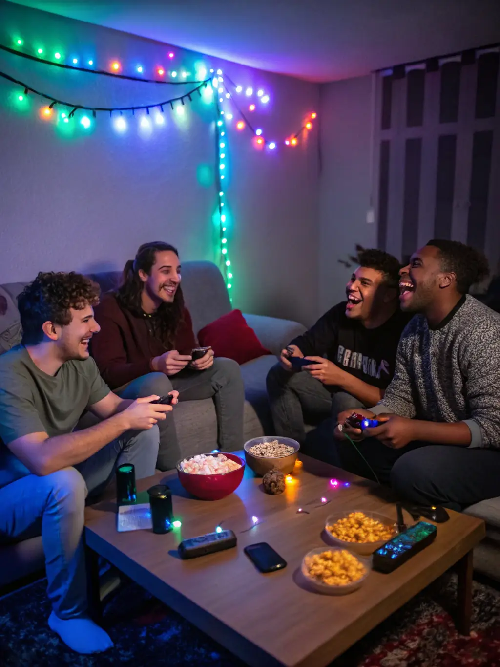 A group of people intensely engaged in a tabletop role-playing game, dice scattered on the table, character sheets in hand, set in a cozy, dimly lit room.